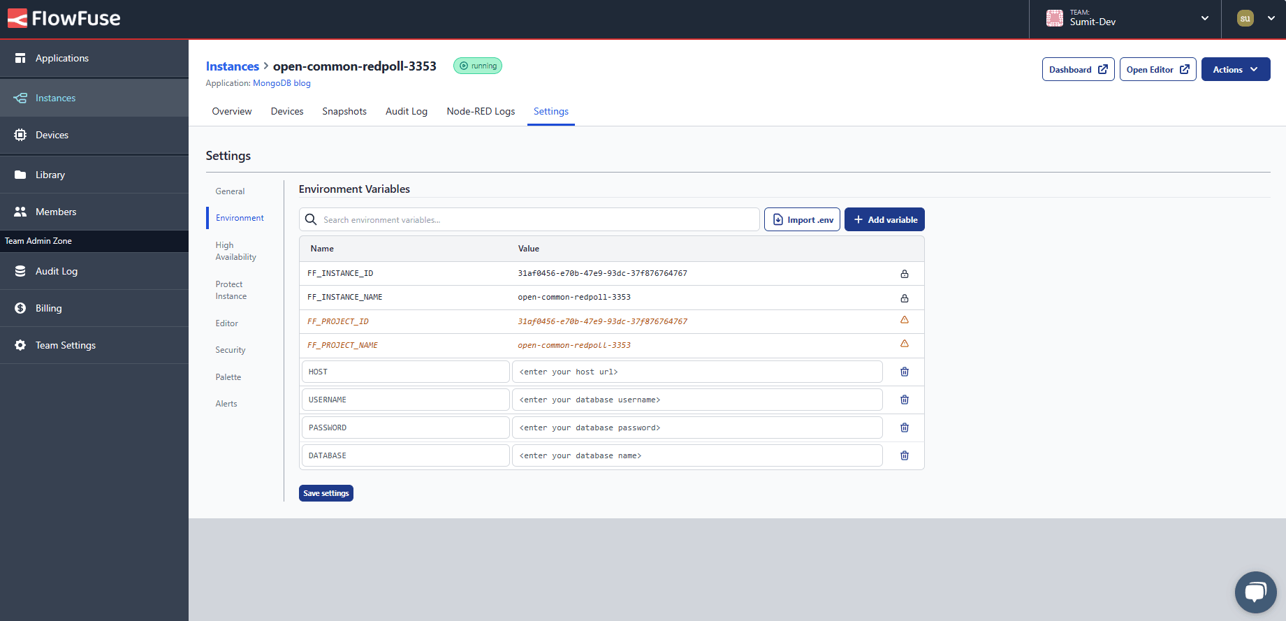 Screenshot displaying FlowFuse instance settings "Screenshot displaying FlowFuse instance settings"